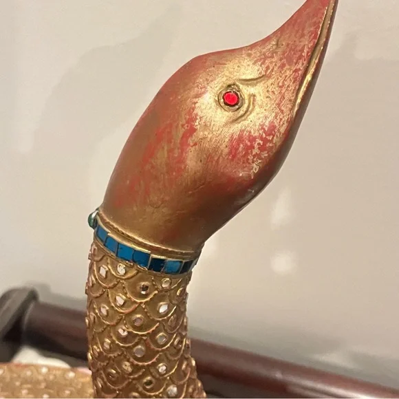 Folk Art Hand Carved Wood Decorated Golden Goose Sculpture Embossed Stone Carved - Picture 7 of 12